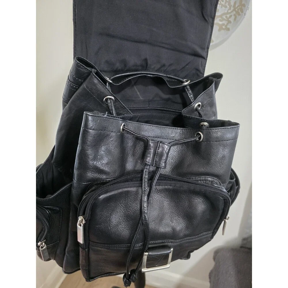Beautiful David King Boston Soft Black Leather Multi-Pocket Backpack EuC